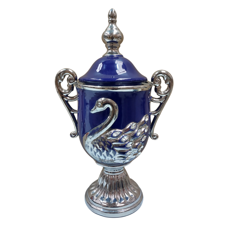 Tibor/Trofeo Porcelana 54 x 31 cm Cisne (Azul con plateado) 22 in